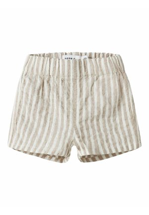 Beige og hvite todelte barnebukser med vertikale striper, elastisk midjestrikk og detaljert midtsøm.