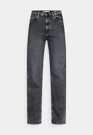 Džíny zo čierneho denimu s vysokým pásom a rovnými nohavicami, s jemným vyblednutím, piatimi vreckami a klasickým zapínaním na gombík a zips.