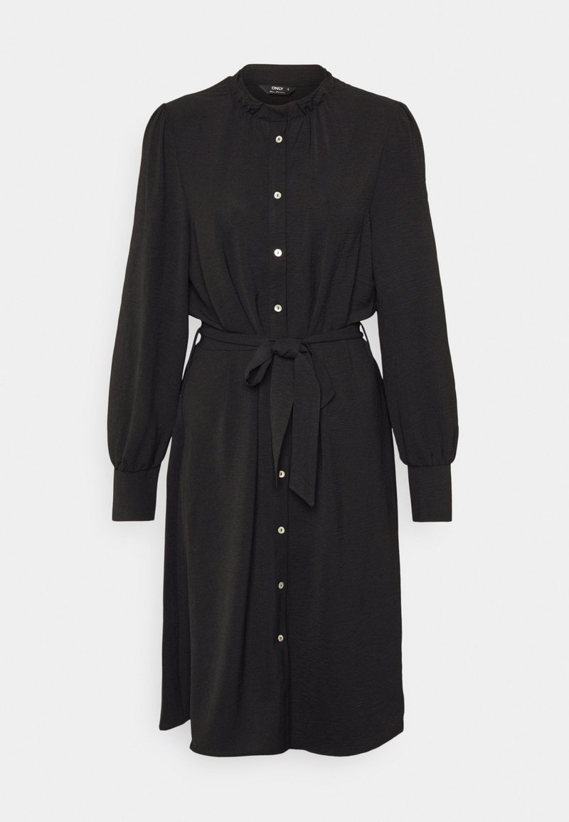 Robe midi noire à manches longues avec col à volants, devant boutonné, taille froncée et ceinture assortie en tissu nouée à la taille.