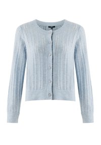 Ljusblå cardigan med ribbad textur, rund halsringning och knappstängning. Den har ett fint öppet stickat mönster och långa ärmar.