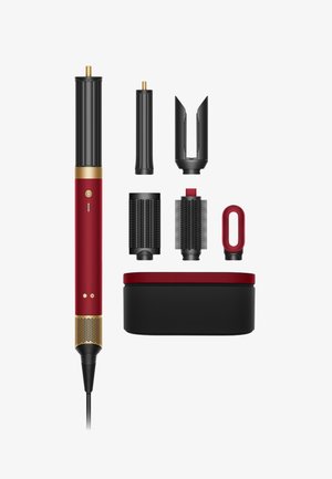 Haarstylingapparaat met zes zwart-rode verwisselbare opzetstukken en een zwart-rode opbergcase.