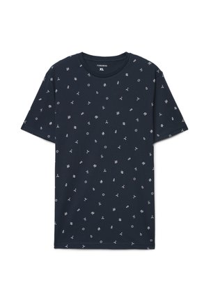 Maglietta in cotone blu navy con scollo rotondo e maniche corte, caratterizzata da un motivo nautico bianco ripetuto su tutta la superficie. Taglia XL.