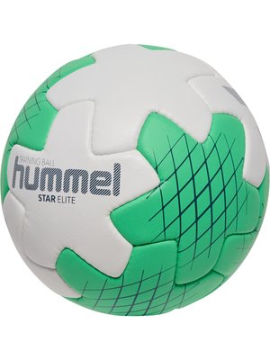 Witgroene Hummel Star Elite trainingsbal met blauwe kruislingse patronen op groene panelen.