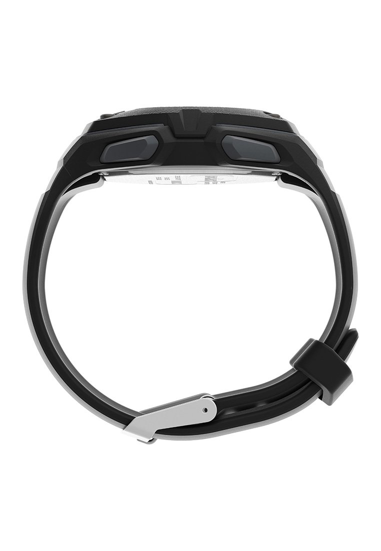 Reloj de pulsera negro con una correa de goma texturizada, botones dobles a un lado y un cierre de acero inoxidable. El diseño es funcional y moderno.