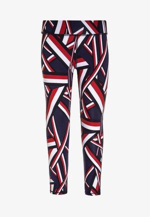 Högmidjade leggings i elastisk tyg med en marinblå botten och röda och vita abstrakta geometriska mönster samt kontrastsömmar.