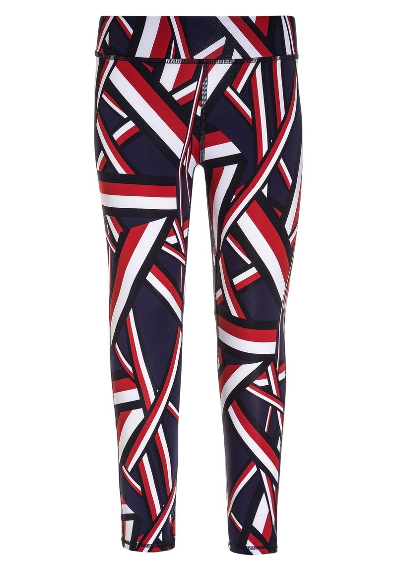 Korkeavyötäröiset leggingsit joustavasta kankaasta, joissa on tummansininen pohja, punaisia ja valkoisia abstrakteja geometrisia kuvioita sekä kontrastivärisiä saumoja.