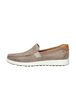Grau wildlederne Slipper mit strukturiertem Obermaterial, elastischen Seiteneinsätzen und einer weißen Gummisohle. Brauner Ledereinsatz an der Ferse.