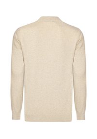 Beige gebreide trui, lange mouwen, ronde halslijn, geribde zoom en manchetten, zachte textuur, minimalistisch ontwerp, geen zichtbare patronen of hardware.