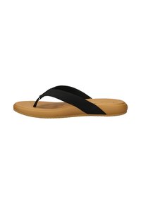 Black flip-flop with a smooth rubber strap, featuring a textured sole in tan. The design includes a minimalist style and a flexible footbed.
