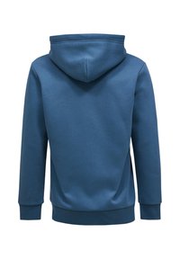 Plavi kapuljača s dukserica od glatkog, teksturiranog materijala. Ima kenguruhu džep, rebraste porube i široku kapuljaču.