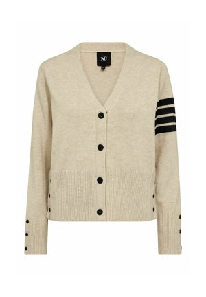 Bézs cardigan puha anyagból, V-nyakkivágással, fekete gombokkal és csíkozott mintával az ujjakon. Texturált bordás szegély.