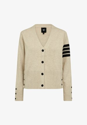 Bézs cardigan puha anyagból, V-nyakkivágással, fekete gombokkal és csíkozott mintával az ujjakon. Texturált bordás szegély.