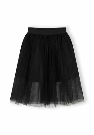 Czarna spódnica midi z szerokim paskiem w talii i warstwami przezroczystego tiulu, tworząca miękką, płynącą sylwetkę.