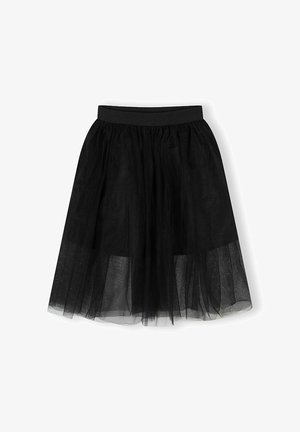 Fustă midi neagră cu talie largă și țesătură de tul fin stratificat, creând o siluetă moale și fluidă.