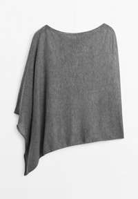 Dark gray knitted asymmetrical poncho with a wide neckline and a flowing draped design hanging against a white background.