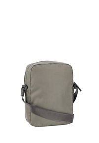 Borsa a tracolla grigia in tessuto con forma rettangolare, chiusura con zip, tracolla regolabile e superficie texturizzata. Design minimalista senza motivi.