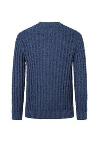 Blauer gerippter Strickpullover mit langen Ärmeln, rundem Ausschnitt und strukturierter Oberfläche. Die Rückansicht zeigt vertikale Linien und einen geraden Saum.