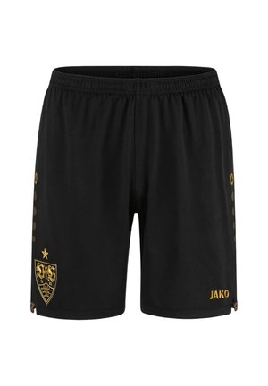 Pantaloncini sportivi neri con stemma dorato sulla gamba sinistra e logo JAKO dorato sulla gamba destra, vita elasticizzata e piccolo motivo dorato sui lati.