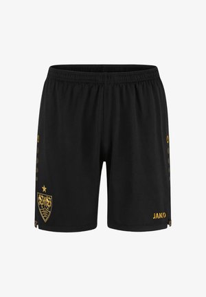 Pantaloncini sportivi neri con stemma dorato sulla gamba sinistra e logo JAKO dorato sulla gamba destra, vita elasticizzata e piccolo motivo dorato sui lati.