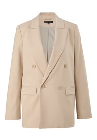Beige Doppelreiher-Blazer mit Revers, zwei Fronttaschen und zwei Knöpfen. Glatte Textur und strukturierte Passform.