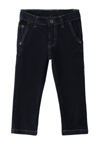 Jeans de mezclilla oscura con costuras en contraste, cinco bolsillos, cierre frontal con botón y diseño de pierna recta. Cintura elástica para mayor comodidad.