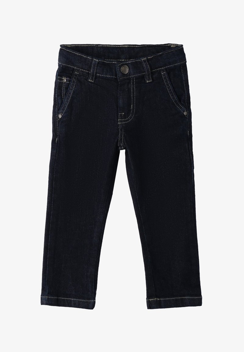 Jeans de mezclilla oscura con costuras en contraste, cinco bolsillos, cierre frontal con botón y diseño de pierna recta. Cintura elástica para mayor comodidad.