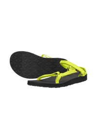 Sandalia con suela de goma negra, plantilla texturizada y correas de nailon amarillas brillantes. Diseño abierto con características ajustables para un mejor ajuste.
