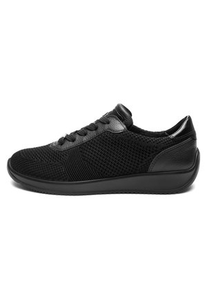 Black low-top sneaker with mesh fabric, leather accents, lace-up closure, and a slightly elevated sole.