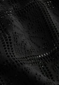 Svart spetstyg med intrikata mönster och en variation av hålstorlekar, vilket skapar en texturerad yta med fina detaljer.