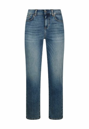 Jeans in denim azzurro chiaro con taglio dritto, dotati di chiusura a bottoni e cerniera, cinque tasche e dettagli di sbiadimento sottili.