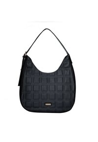 Czarna torba na ramię z pikowanym wzorem, gładki materiał syntetyczny, zaokrąglony kształt i pojedynczy pasek na ramię. Zawiera mały akcent z logo.