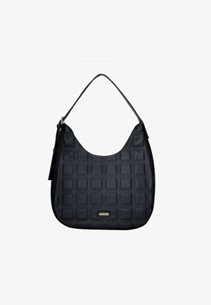 Sort skuldertaske med et quiltet mønster, glat syntetisk materiale, rund form og en enkelt skulderrem. Har et lille logo som accent.