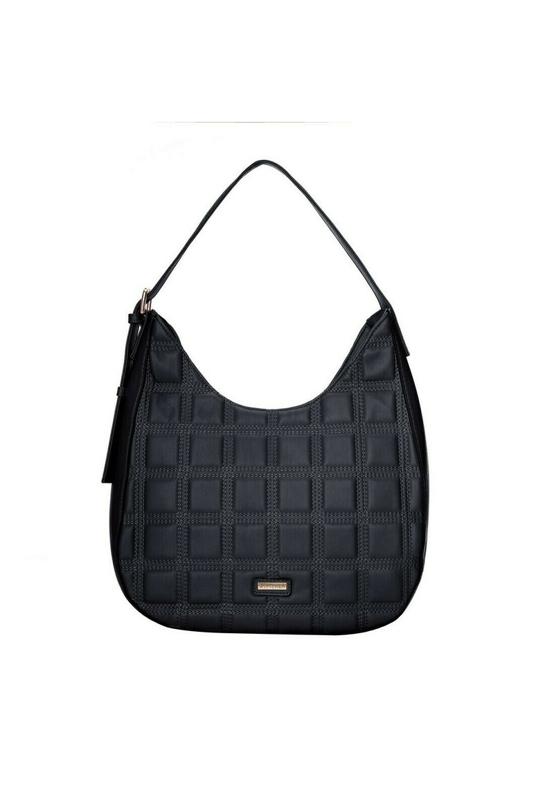 Czarna torba na ramię z pikowanym wzorem, gładki materiał syntetyczny, zaokrąglony kształt i pojedynczy pasek na ramię. Zawiera mały akcent z logo.