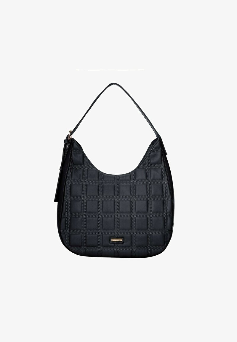 Czarna torba na ramię z pikowanym wzorem, gładki materiał syntetyczny, zaokrąglony kształt i pojedynczy pasek na ramię. Zawiera mały akcent z logo.