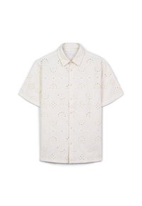 Beige kurzärmliges Hemd mit gestickten Lochmustern und Knopfleiste. Verfügt über einen klassischen Kragen und eine lockere Passform.
