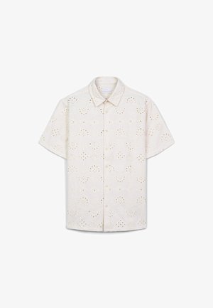 Beige kurzärmliges Hemd mit gestickten Lochmustern und Knopfleiste. Verfügt über einen klassischen Kragen und eine lockere Passform.