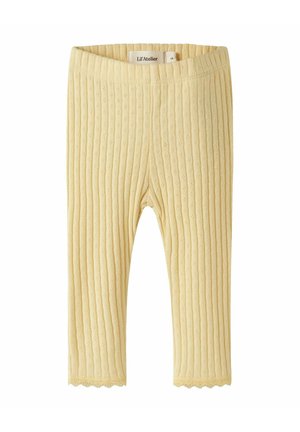 Leggings bébé côtelés couleur crème avec un motif floral discret en maille et une bordure en dentelle aux chevilles, taille 68 par Lil’ Atelier.