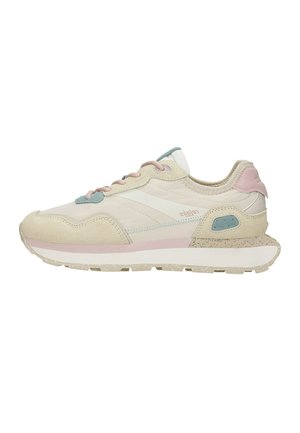 Beige and pastel pink sneaker with blue accents, textured sole, and lace-up front, designed for casual wear.