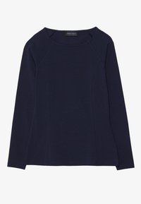 Long-sleeve navy top made from soft fabric, featuring a round neckline and raglan sleeves. Smooth texture with no visible patterns or accents.