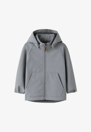 Hellgraue Kinder-Kapuzjacke mit durchgehendem Frontreißverschluss, Fronttaschen und elastischen Bündchen an den Ärmeln.