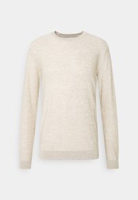 Beiger Pullover mit langen Ärmeln, runder Ausschnitt, gerippten Bündchen und Saum. Hergestellt aus einem weichen, strukturierten Material mit einem leichten, melierten Aussehen.