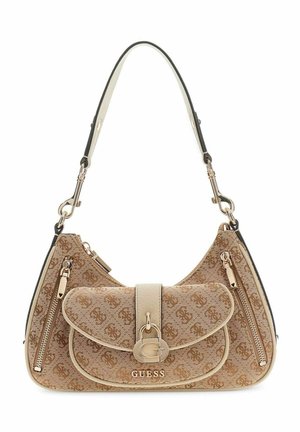 Bruine Guess-handtas met monogrampatroon, voorvaksflap met gouden gesp, twee zijritsen en een enkele schouderriem.