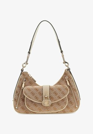 Borsa marrone Guess con motivo monogramma, tasca anteriore con patta e chiusura dorata, due zip laterali e tracolla singola.