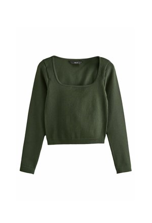 Haut long à manches ribbed vert avec un col carré et un design cropped, fabriqué en tissu texturé. Étiquette visible à l'intérieur du col.