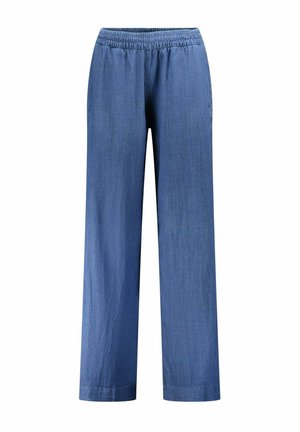 Pantalon droit bleu à taille élastique, en tissu denim léger, avec poches latérales et sans fermetures visibles.
