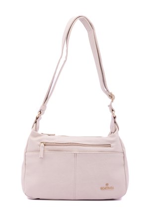 Beige leren schoudertas met verstelbare riem, ritssluiting aan de bovenkant, één voorvak en gouden logo-accent aan de zijkant.