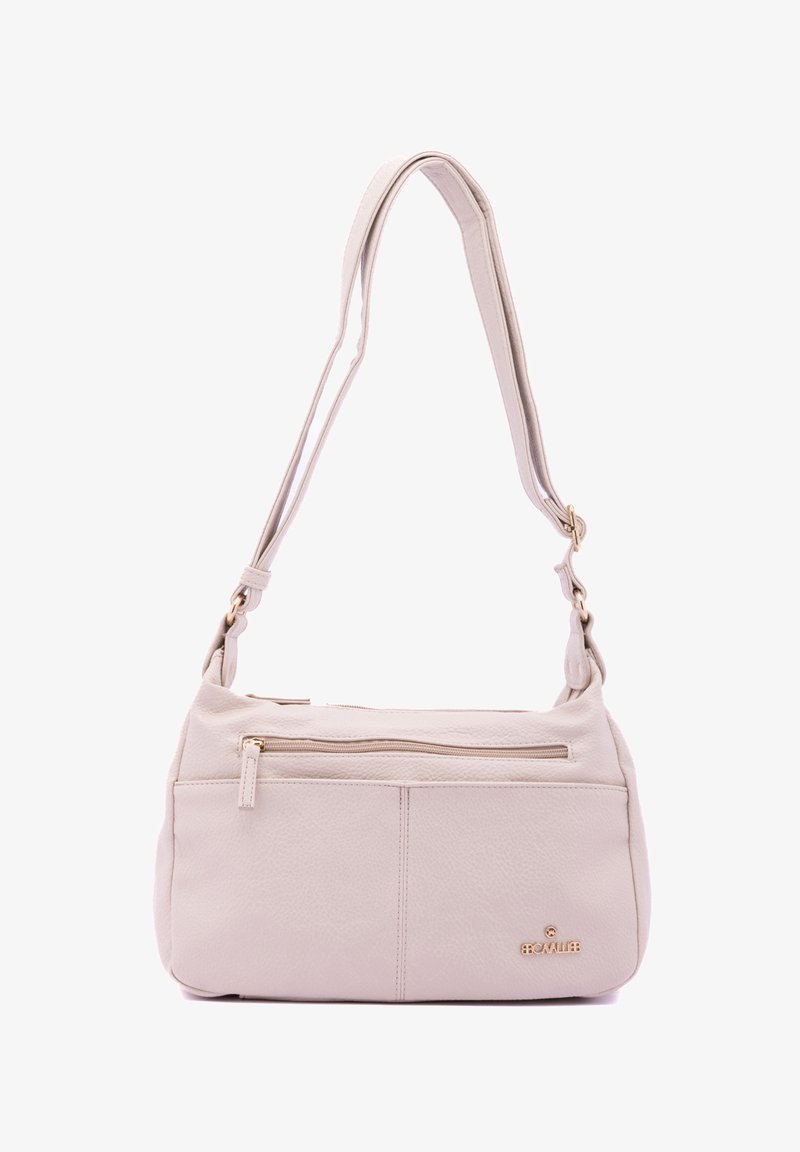 Borsa a tracolla in pelle beige con tracolla regolabile, chiusura superiore con zip, una tasca frontale e accento logo dorato di lato.