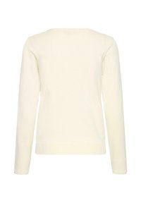 Krémový sveter s dlhým rukávom s okrúhlym výstrihom, pletenou textúrou a priliehavým lemom. Jednoduchý dizajn bez viditeľných vzorov alebo ozdôb.