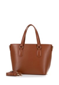 Borsa a mano sintetica marrone con due manici superiori, tracolla rimovibile, corpo piatto e dettagli delle cuciture sui lati. Nessun motivo visibile.