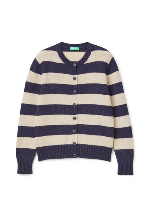 Gestreepte cardigan in marineblauw en crème, gemaakt van zacht materiaal, met een ronde halslijn, geribbelde boorden en zes knoopsluitingen aan de voorkant.